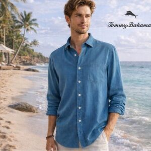 Tommy Bahamas Caribbean Blue Tencel Button Down Shirt Soft collar Medium